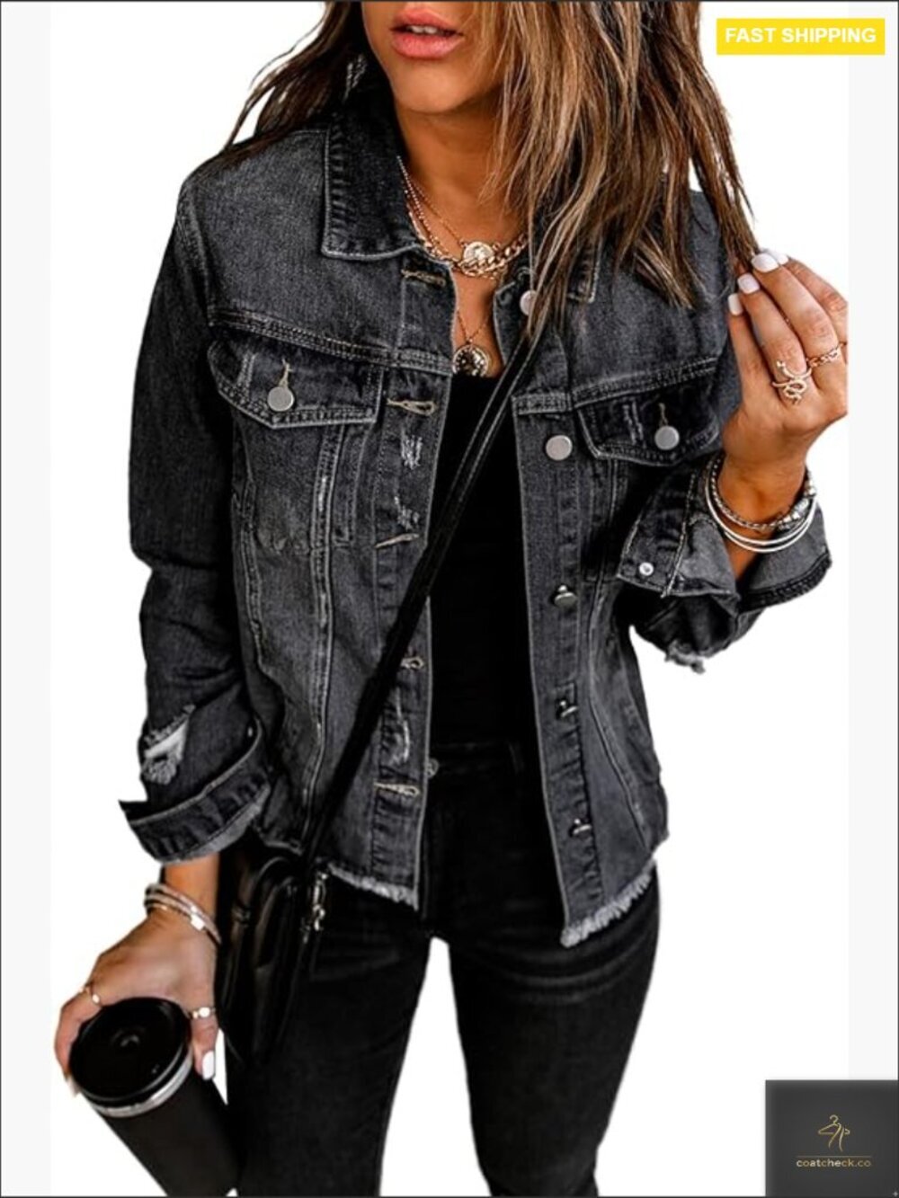 Distressed Denim Jacket Oversized Boyfriend Fit Frayed Raw Hem Button Down